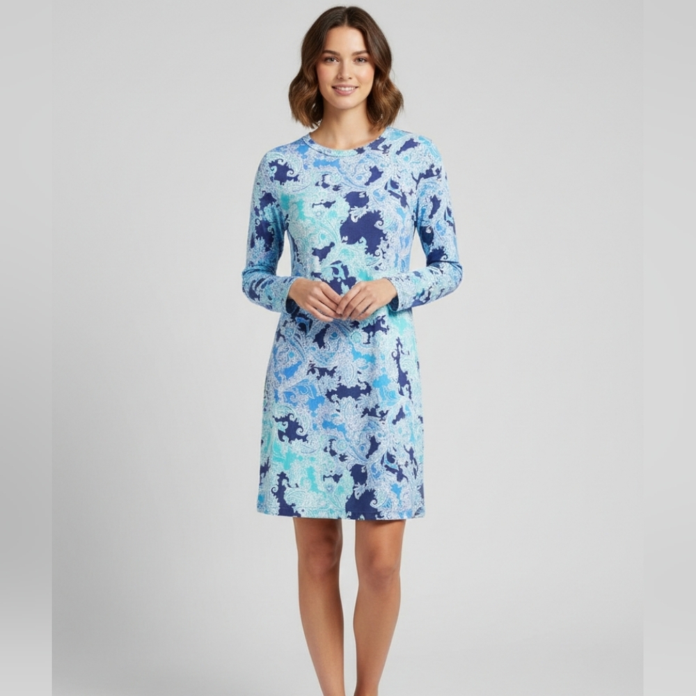 Ibkul Blue Patterned Cooling Long Sleeve‎ Vented Dress Golf Athletic